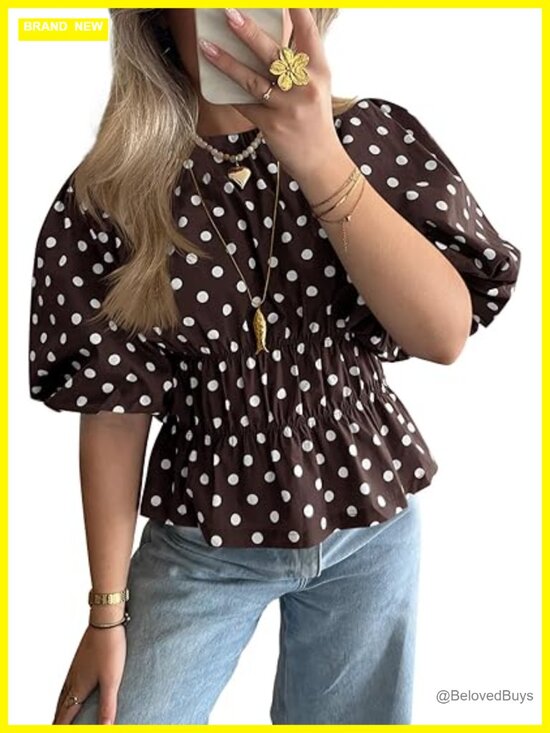 Tops - Polka Dots Peplum Top Puff Sleeve Round Neck Blouses Casual Shirts